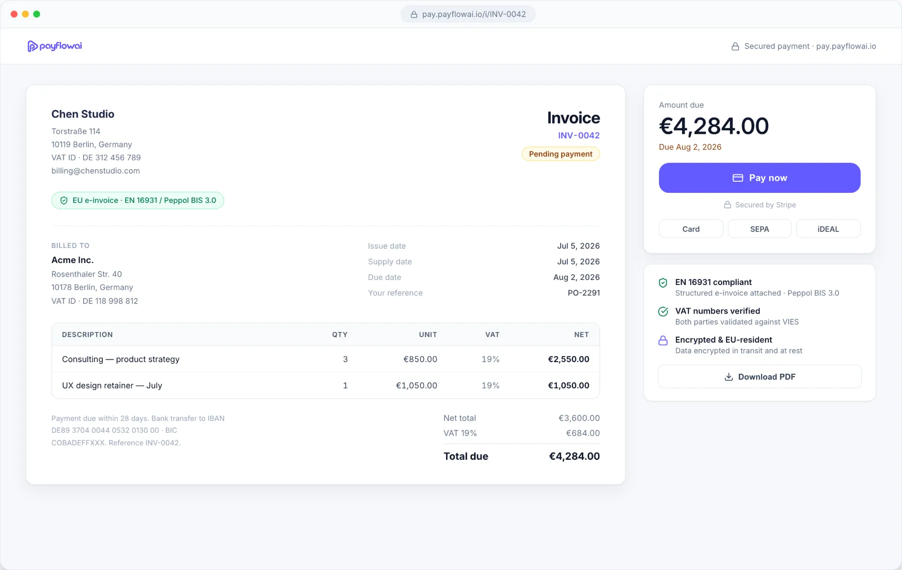 A PayFlowAI invoice with an e-invoice badge, line items, VAT and a Pay now button