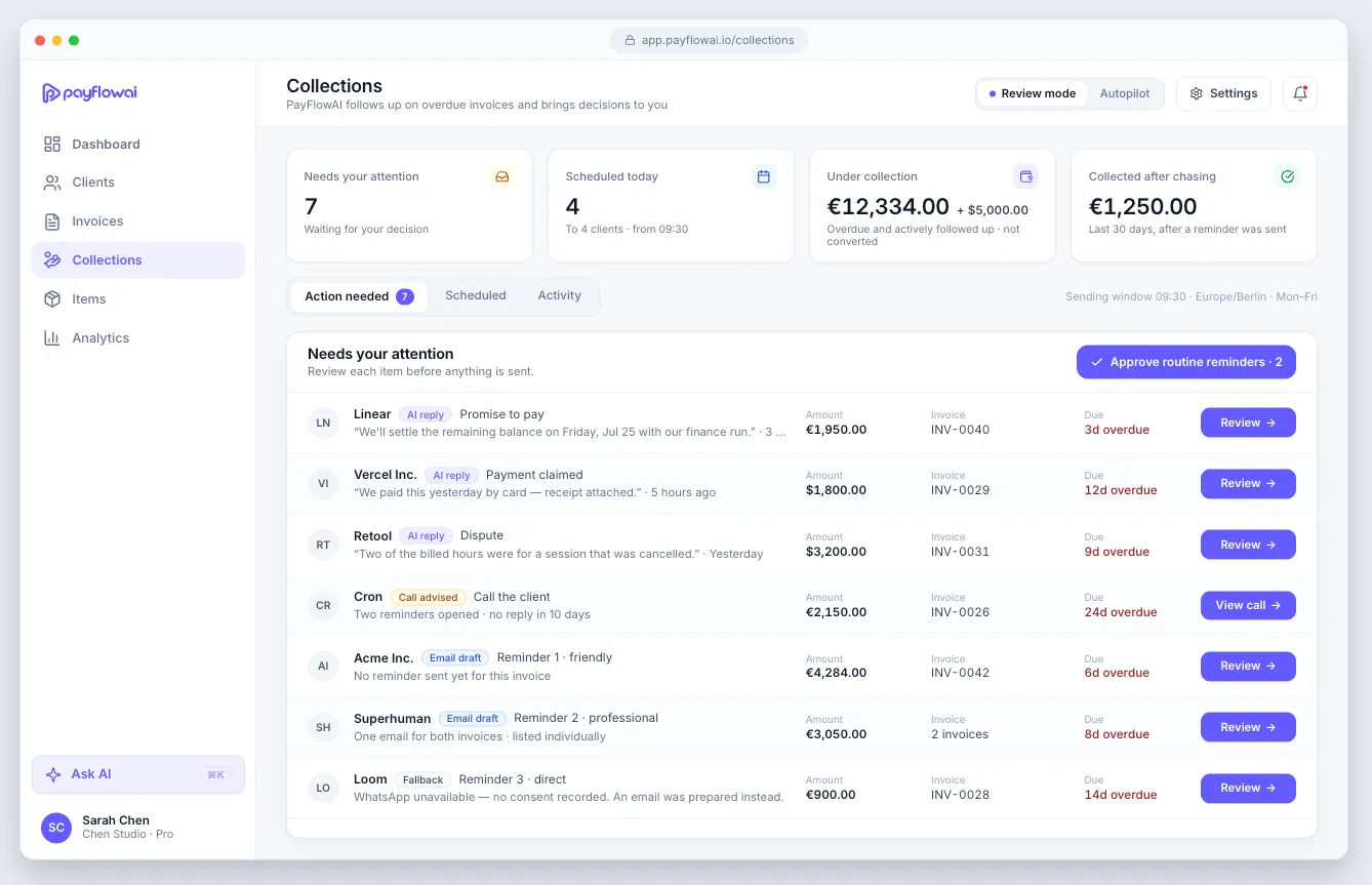 Collection settings in PayFlowAI with Review mode and Autopilot, sending time, daily cap and follow-up cadence