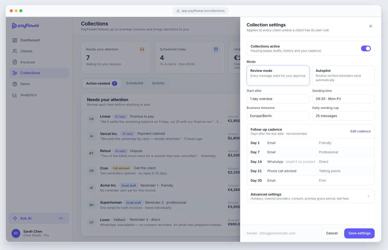 The PayFlowAI collections workspace showing the Action needed queue with reminder drafts and client replies awaiting review