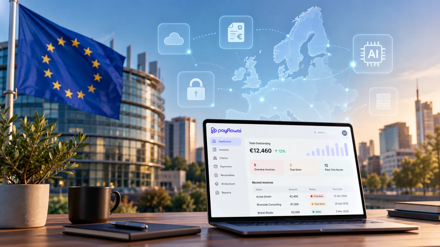 Article cover: European flag beside the European Parliament, with the PayFlowAI dashboard on a laptop